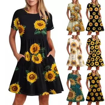 Женское повседневное модное платье-миди с круглым вырезом и коротким рукавом с принтом и карманом L чёрный