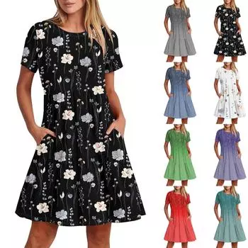 Женское повседневное модное платье-миди с круглым вырезом и коротким рукавом с принтом и карманом L синий