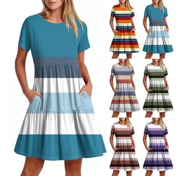 Женское повседневное модное платье-миди с круглым вырезом и коротким рукавом с принтом и карманом L