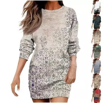 Женское повседневное модное платье миди с круглым вырезом и цветочным принтом с длинными рукавами L синий