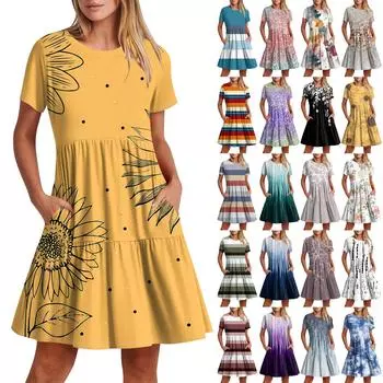 Женское повседневное модное платье-миди с круглым вырезом и коротким рукавом с принтом и карманом L чёрный