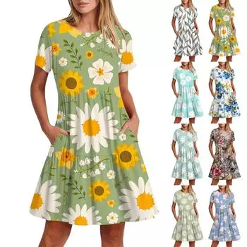 Женское повседневное модное платье-миди с круглым вырезом и коротким рукавом с принтом и карманом XXL синий