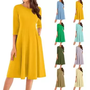 Женское повседневное модное платье миди с круглым вырезом и рукавом три четверти L армия зеленый