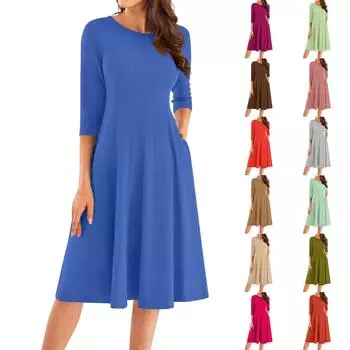 Женское повседневное модное платье миди с круглым вырезом и рукавом три четверти L армия зеленый