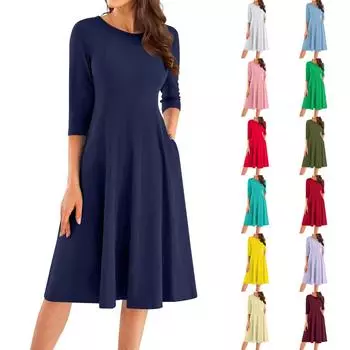 Женское повседневное модное платье миди с круглым вырезом и рукавом три четверти L армия зеленый