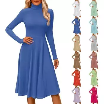 Женское повседневное модное платье миди с высоким воротом и длинными рукавами, однотонное L синий