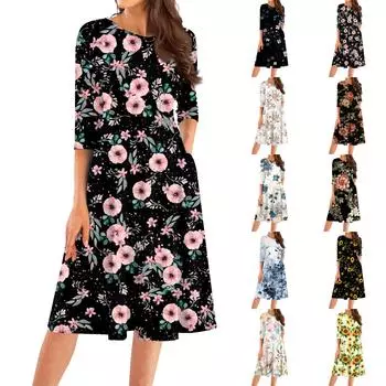 Женское повседневное модное платье миди с круглым вырезом и рукавом три четверти L армия зеленый