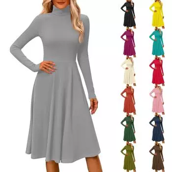 Женское повседневное модное платье миди с высоким воротом и длинными рукавами, однотонное L армия зеленый