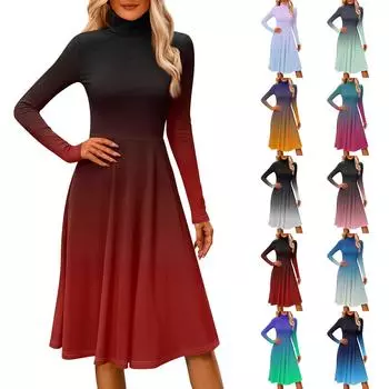 Женское повседневное модное платье миди с высоким воротом и длинными рукавами L синий