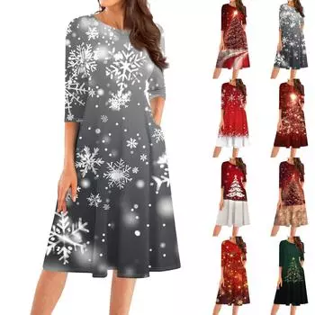 Женское повседневное модное платье миди с круглым вырезом и рукавом три четверти XXXL