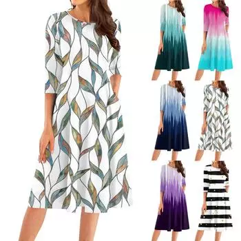 Женское повседневное модное платье миди с круглым вырезом и рукавом три четверти L чёрный