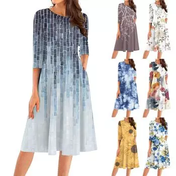 Женское повседневное модное платье миди с круглым вырезом и рукавом три четверти L синий