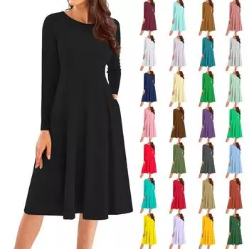 Женское повседневное модное платье миди с круглым вырезом и длинным рукавом L армия зеленый