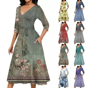 Женское повседневное модное платье миди с V-образным вырезом и рукавом три четверти L армия зеленый