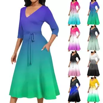 Женское повседневное модное платье миди с V-образным вырезом и рукавом три четверти L синий