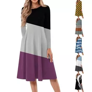 Женское повседневное модное платье миди с круглым вырезом и длинными рукавами L чёрный