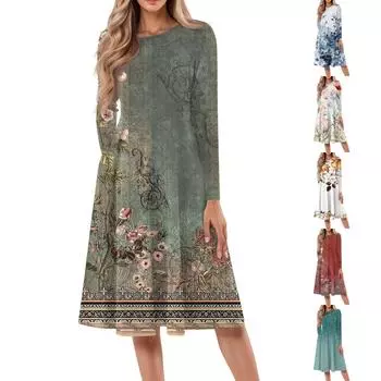 Женское повседневное модное платье миди с круглым вырезом и длинными рукавами L армия зеленый