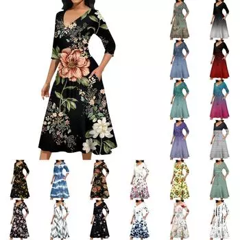 Женское повседневное модное платье миди с V-образным вырезом и рукавом три четверти L армия зеленый