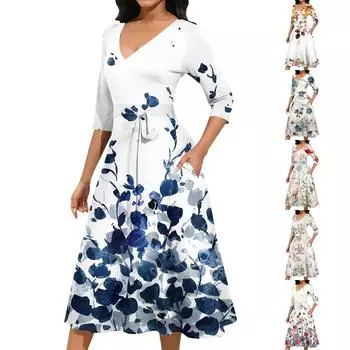 Женское повседневное модное платье миди с V-образным вырезом и рукавом три четверти XXXL