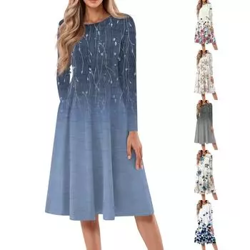 Женское повседневное модное платье миди с круглым вырезом и длинными рукавами XXL синий