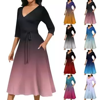 Женское повседневное модное платье миди с V-образным вырезом и рукавом три четверти L синий