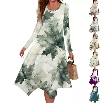 Женское повседневное модное платье миди с круглым вырезом и длинными рукавами с принтом и нерегулярным подолом M зелёный