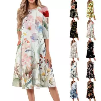 Женское повседневное модное платье миди с круглым вырезом и рукавом три четверти M