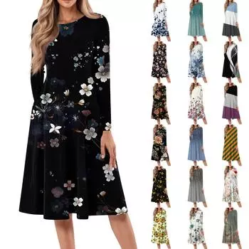 Женское повседневное модное платье миди с круглым вырезом и длинными рукавами L армия зеленый