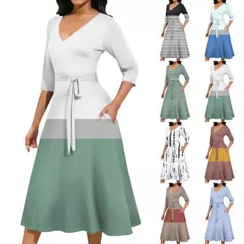 Женское повседневное модное платье миди с V-образным вырезом и рукавом три четверти L чёрный