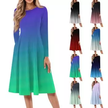 Женское повседневное модное платье миди с круглым вырезом и длинными рукавами L синий