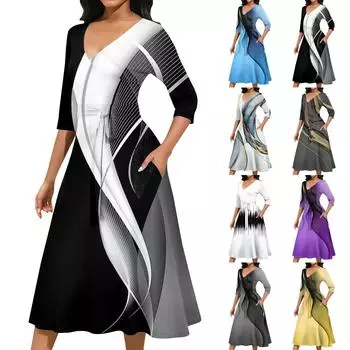 Женское повседневное модное платье миди с V-образным вырезом и рукавом три четверти L чёрный