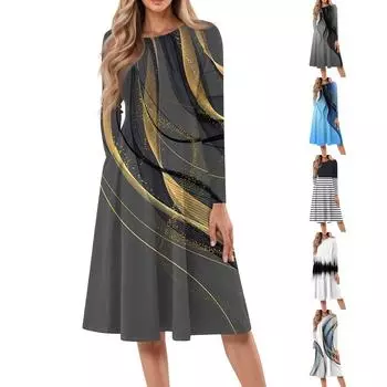 Женское повседневное модное платье миди с круглым вырезом и длинными рукавами XXL золотой