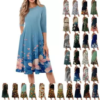 Женское повседневное модное платье миди с круглым вырезом и рукавом три четверти с цветочным принтом M