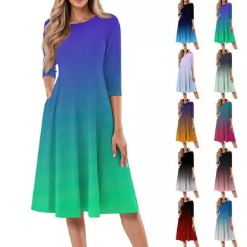 Женское повседневное модное платье миди с круглым вырезом и рукавом три четверти XL зелёный