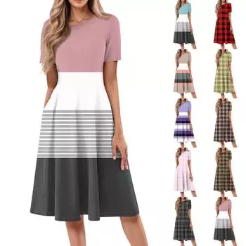 Женское повседневное модное платье миди с круглым вырезом и коротким рукавом с принтом L чёрный