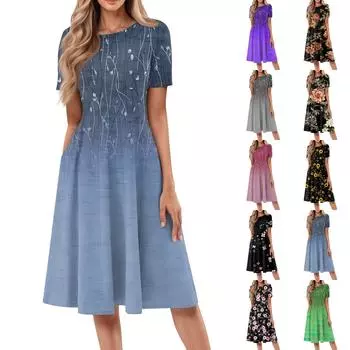 Женское повседневное модное платье миди с круглым вырезом и коротким рукавом с принтом L армия зеленый