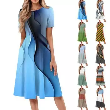 Женское повседневное модное платье миди с круглым вырезом и коротким рукавом с принтом L синий