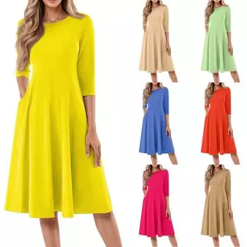Женское повседневное модное платье миди с круглым вырезом и рукавом три четверти XXXL