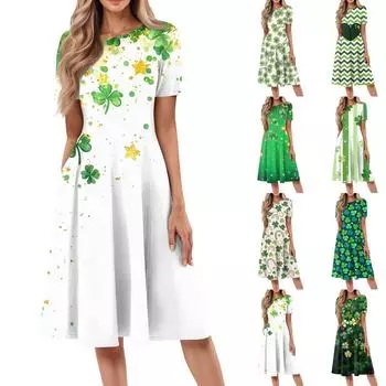 Женское повседневное модное платье миди с круглым вырезом и коротким рукавом с принтом L