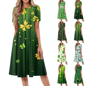 Женское повседневное модное платье миди с круглым вырезом и коротким рукавом с принтом XL