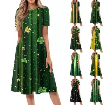 Женское повседневное модное платье миди с круглым вырезом и коротким рукавом с принтом S