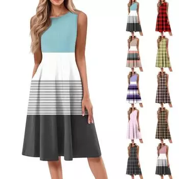 Женское повседневное модное платье миди с круглым вырезом без рукавов и принтом L