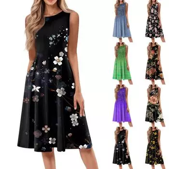 Женское повседневное модное платье миди с круглым вырезом без рукавов и принтом XL