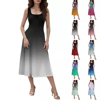 Женское повседневное модное платье миди с круглым вырезом без рукавов и боковыми карманами L синий