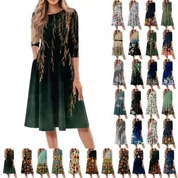 Женское повседневное модное платье миди с круглым вырезом и рукавом три четверти с цветочным принтом M