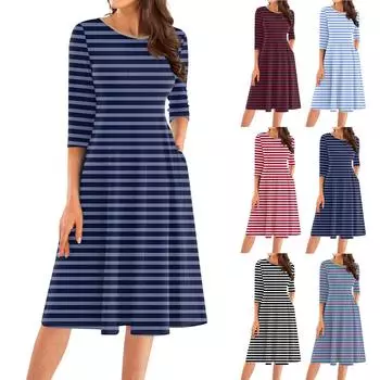 Женское повседневное модное платье миди с круглым вырезом и рукавом три четверти L чёрный