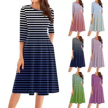 Женское повседневное модное платье миди с круглым вырезом и рукавом три четверти L темно-синий