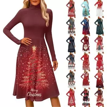 Женское повседневное модное платье миди с высоким воротом и длинными рукавами XL