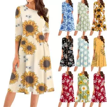 Женское повседневное модное платье миди с круглым вырезом и рукавом три четверти XL