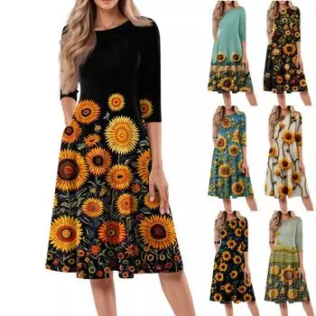 Женское повседневное модное платье миди с круглым вырезом и рукавом три четверти с цветочным принтом L чёрный